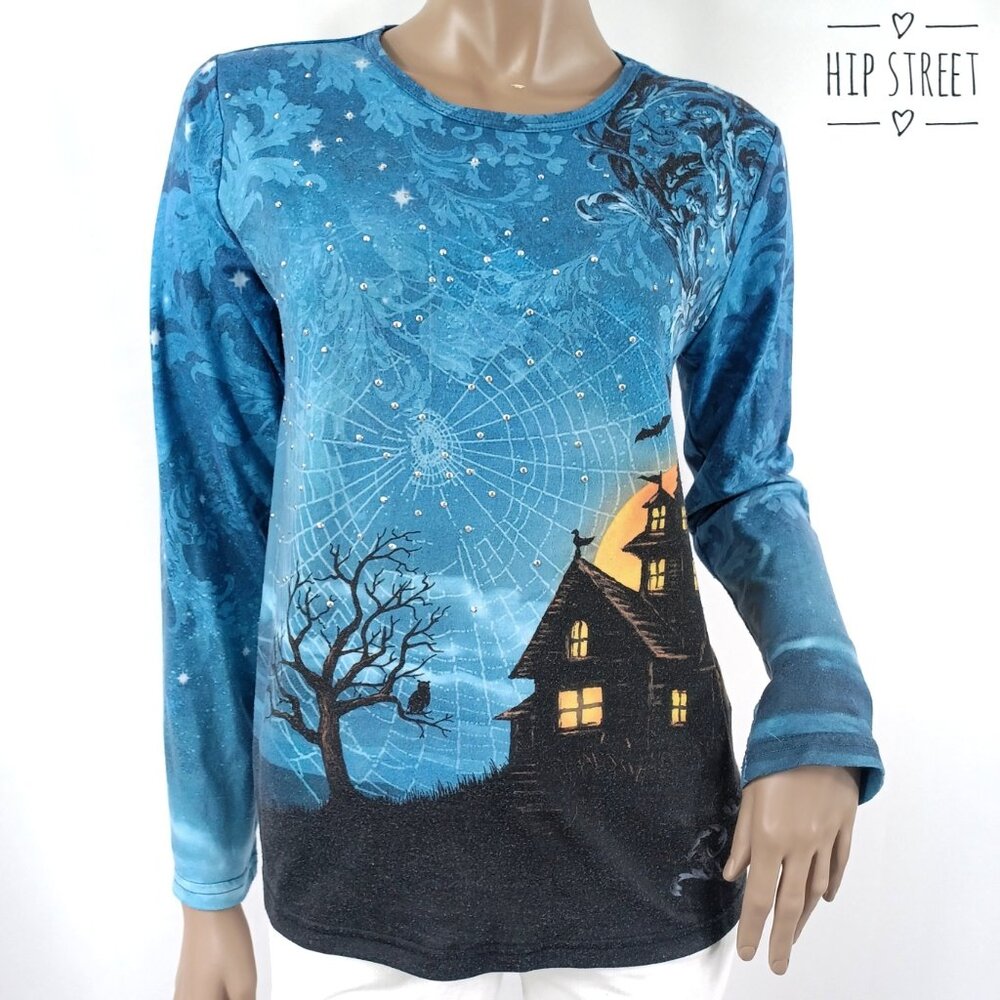 ERIKA Spooky House Jeweled Cob Web Halloween LS Tee Shirt S